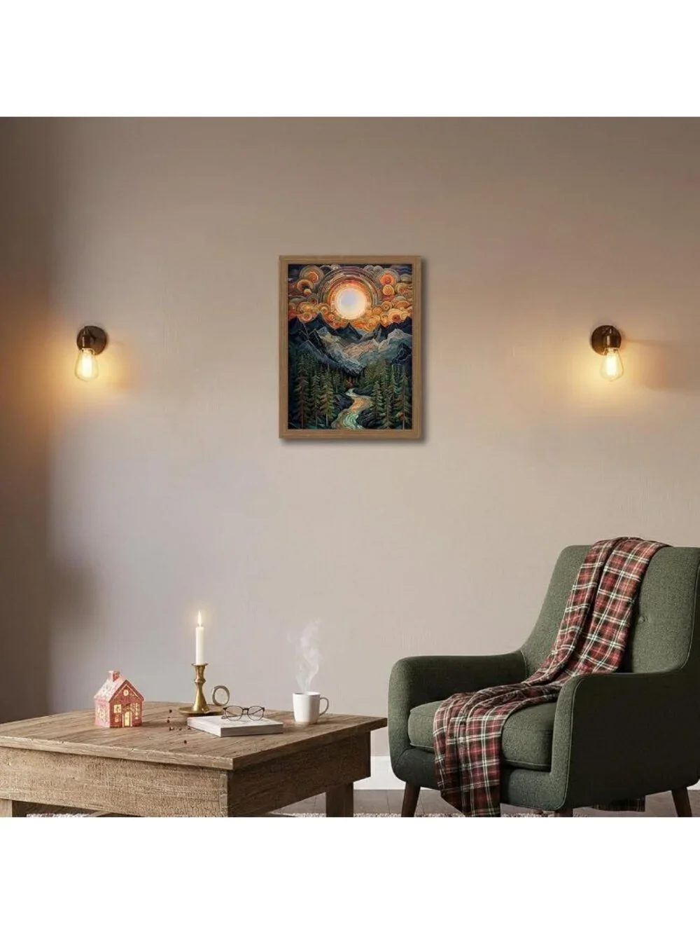 Psychedelic Mountain River Wall Art | Celestial Sun Forest Canvas Decor